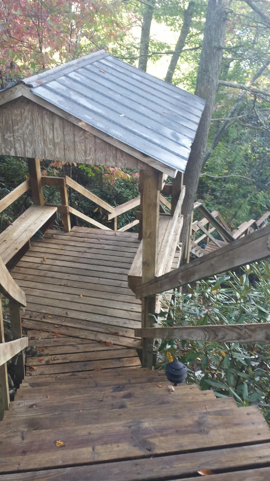 Metal roofed shelter over wooden steps on a wooded walkway — Skylight Repair & Installation work by our crew in Underwood